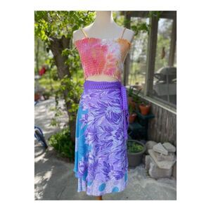 Jovani Designs Silk Blend Wrap Skirt Mix Print Beach Travel Purple Blue Sz M